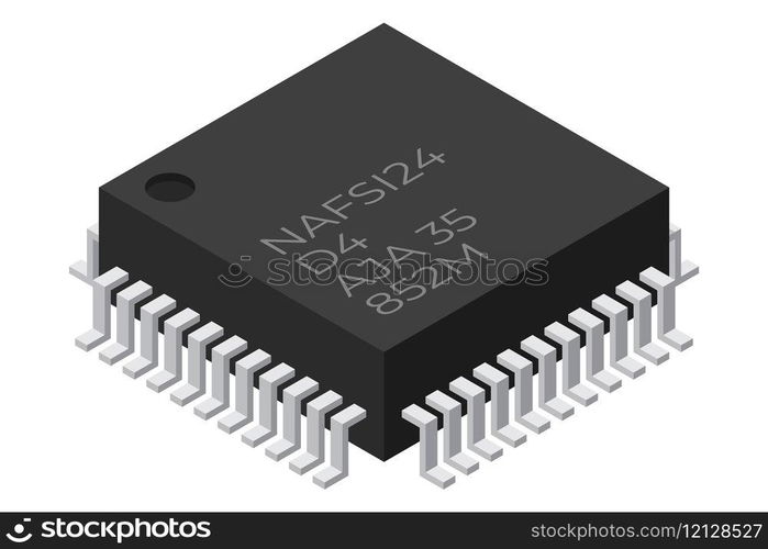 Microchip computer electronic component. Microchip icon. Isometric microchip. Computer processor technology. Micro processor. Vector illustration