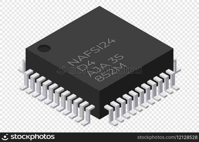 Microchip computer electronic component. Microchip icon. Isometric microchip. Computer processor technology. Micro processor. Vector illustration