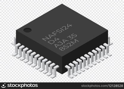 Microchip computer electronic component. Microchip icon. Isometric microchip. Computer processor technology. Micro processor. Vector illustration