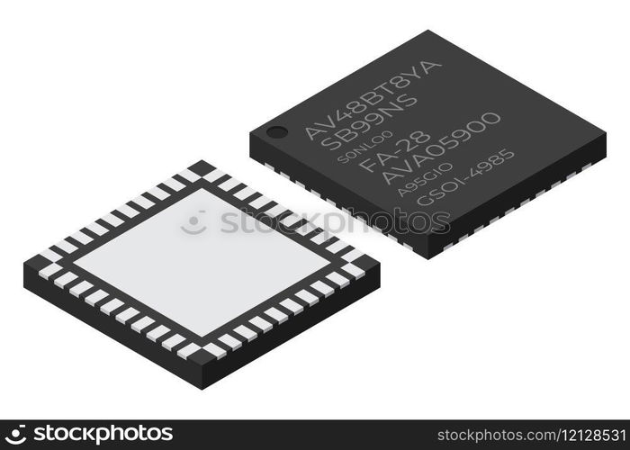 Microchip computer electronic component. Microchip icon. Isometric microchip. Computer processor technology. Micro processor. Vector illustration