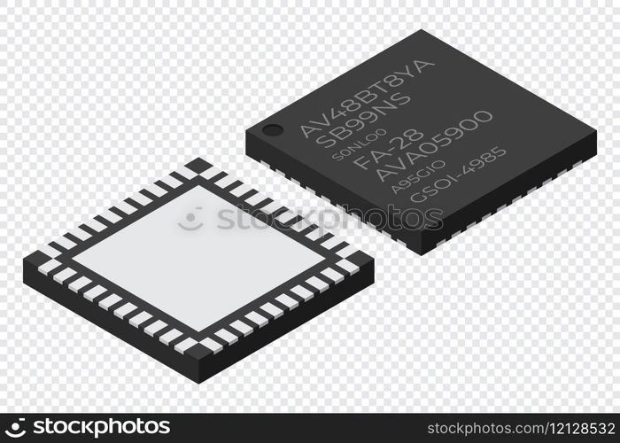 Microchip computer electronic component. Microchip icon. Isometric microchip. Computer processor technology. Micro processor. Vector illustration