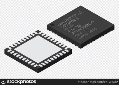 Microchip computer electronic component. Microchip icon. Isometric microchip. Computer processor technology. Micro processor. Vector illustration