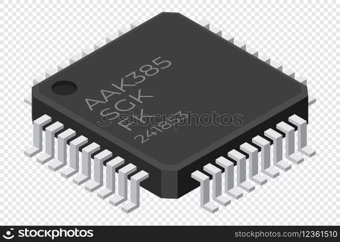 Microchip computer electronic component. Microchip icon. Isometric microchip. Computer processor technology. Micro processor. Vector illustration