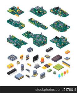 Microchip hardware. Manufacturing computer power green motherboards with small chip for electronic devices garish vector isometric illustrations. Microchip hardware, processor and motherboard. Microchip hardware. Manufacturing computer power green motherboards with small chip for electronic devices garish vector isometric illustrations