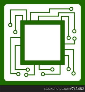 Microchip icon white isolated on green background. Vector illustration. Microchip icon green