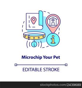 Microchip pet concept icon. Proper pet care routine abstract idea thin line illustration. Animal identification device. Isolated outline drawing. Editable stroke. Arial, Myriad Pro-Bold fonts used. Microchip pet concept icon