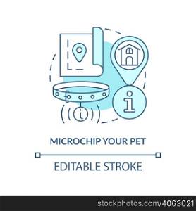 Microchip pet turquoise concept icon. Proper pet care routine abstract idea thin line illustration. Identification device. Isolated outline drawing. Editable stroke. Arial, Myriad Pro-Bold fonts used. Microchip pet turquoise concept icon