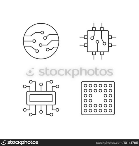 Microcircuits linear icons set. Cpu computer socket types. Circuit board components creation process. Customizable thin line contour symbols. Isolated vector outline illustrations. Editable stroke. Microcircuits linear icons set