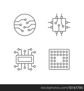 Microcircuits linear icons set. Cpu computer socket types. Circuit board components creation process. Customizable thin line contour symbols. Isolated vector outline illustrations. Editable stroke. Microcircuits linear icons set