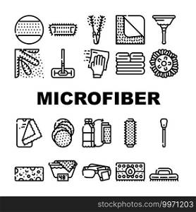 Microfiber For Clean Collection Icons Set Vector. Microfiber With Handle And Mop Head, Brush Cleaning Windows And Towel Roller Black Contour Illustrations. Microfiber For Clean Collection Icons Set Vector