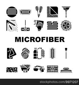 Microfiber For Clean Collection Icons Set Vector. Microfiber With Handle And Mop Head, Brush Cleaning Windows And Towel Roller Glyph Pictograms Black Illustrations. Microfiber For Clean Collection Icons Set Vector
