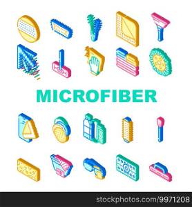 Microfiber For Clean Collection Icons Set Vector. Microfiber With Handle And Mop Head, Brush Cleaning Windows And Towel Roller Isometric Sign Color Illustrations. Microfiber For Clean Collection Icons Set Vector