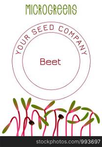 Microgreens Beet. Seed packaging design. Vitamin supplement, vegan food. Microgreens Beet. Seed packaging design, text, vegan food