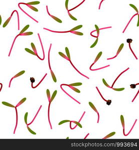 Microgreens Beet. Sprouting seeds of a plant. Seamless pattern. Isolated on white. Vitamin supplement, vegan food. Microgreens Beet. Sprouting seeds of a plant. Seamless pattern. Vitamin supplement, vegan food.