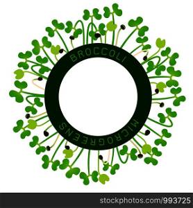 Microgreens Broccoli. Seed packaging design, round element in the center. Around him sprouts. Vitamin supplement, vegan food. Microgreens Broccoli. Seed packaging design, round element in the center. Around him sprouts