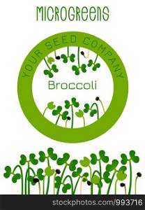 Microgreens Broccoli. Seed packaging design, round element in the center. Sprouting seeds of a plant. Vitamin supplement, vegan food. Microgreens Broccoli. Seed packaging design, round element in the center. Sprouting seeds of a plant