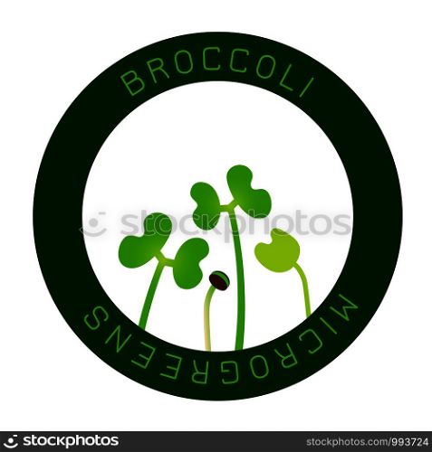 Microgreens Broccoli. Seed packaging design, round element in the center. Vitamin supplement, vegan food. Microgreens Broccoli. Seed packaging design, round element in the center