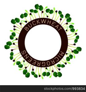 Microgreens Buckwheat. Seed packaging design, round element in the center. Around him sprouts. Vitamin supplement, vegan food. Microgreens Buckwheat. Seed packaging design, round element in the center. Around him sprouts