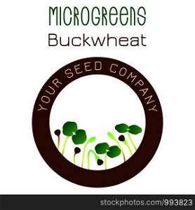 Microgreens Buckwheat. Seed packaging design, round element in the center. Vitamin supplement, vegan food. Microgreens Buckwheat. Seed packaging design, round element in the center
