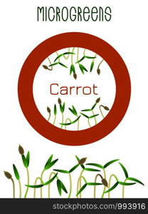 Microgreens Carrot. Seed packaging design, round element in the center. Sprouting seeds of a plant. Vitamin supplement, vegan food. Microgreens Carrot. Seed packaging design, round element in the center. Sprouting seeds of a plant