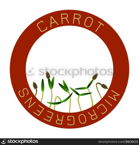 Microgreens Carrot. Seed packaging design, round element in the center. Vitamin supplement, vegan food. Microgreens Carrot. Seed packaging design, round element in the center