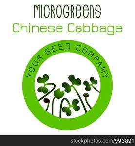 Microgreens Chinese Cabbage. Seed packaging design, round element in the center. Vitamin supplement, vegan food. Microgreens Chinese Cabbage. Seed packaging design, round element in the center