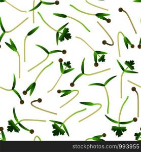 Microgreens Cilantro. Sprouting seeds of a plant. Seamless pattern. Isolated on white. Vitamin supplement, vegan food. Microgreens Cilantro. Sprouting seeds of a plant. Seamless pattern. Vitamin supplement, vegan food.