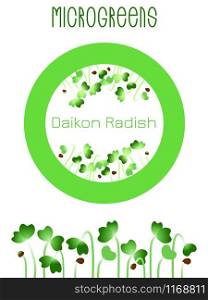 Microgreens Daikon Radish. Seed packaging design, round element in the center. Sprouting seeds of a plant. Vitamin supplement, vegan food. Microgreens Daikon Radish. Seed packaging design, round element in the center. Sprouting seeds of a plant