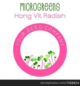 Microgreens Hong Vit Radish. Seed packaging design, round element in the center. Vitamin supplement, vegan food. Microgreens Hong Vit Radish. Seed packaging design, round element in the center