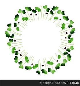 Microgreens Komatsuna. Arranged in a circle. Vitamin supplement, vegan food. Microgreens Komatsuna. Arranged in a circle. White background