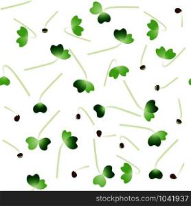 Microgreens Komatsuna. Sprouting seeds of a plant. Seamless pattern. Isolated on white. Vitamin supplement, vegan food. Microgreens Komatsuna. Sprouting seeds of a plant. Seamless pattern. Vitamin supplement, vegan food.