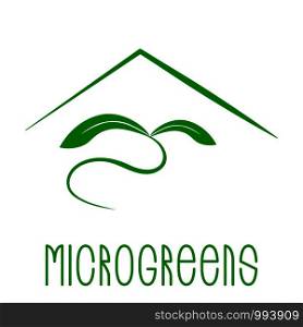 Microgreens Logo. Plant under the stylized roof of the house. Seed and living microgreens packaging design. Microgreens Logo. Plant under the stylized roof of the house. Seed and living microgreens packaging design.