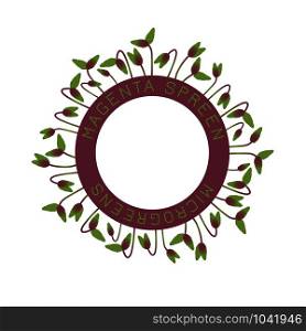 Microgreens Magenta Spreen. Seed packaging design, round element in the center. Around him sprouts. Vitamin supplement, vegan food. Microgreens Magenta Spreen. Seed packaging design, round element in the center. Around him sprouts