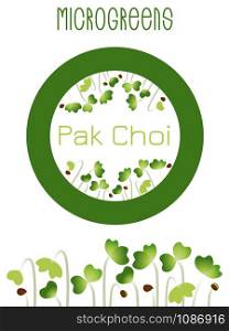 Microgreens Pak Choi. Seed packaging design, round element in the center. Sprouting seeds of a plant. Vitamin supplement, vegan food. Vector illustration, simple style with gradient.. Microgreens Pak Choi. Seed packaging design, round element in the center. Sprouting seeds of a plant