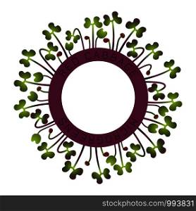 Microgreens Red Cabbage. Seed packaging design, round element in the center. Around him sprouts. Vitamin supplement, vegan food. Microgreens Red Cabbage. Seed packaging design, round element in the center. Around him sprouts