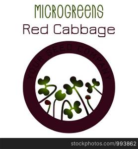 Microgreens Red Cabbage. Seed packaging design, round element in the center. Vitamin supplement, vegan food. Microgreens Red Cabbage. Seed packaging design, round element in the center