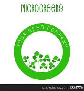 Microgreens Salad Burnet, Sanguisorba minor. Seed packaging design, round element in the center. Vitamin supplement, vegan food. Microgreens Salad Burnet, Sanguisorba minor. Seed packaging design, round element in the center