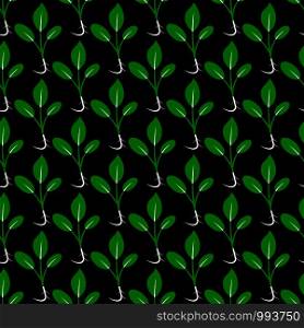 Microgreens. Seamless pattern. Vitamin supplement, vegan food. Black background. Symmetrical arrangement. Microgreens. Sprouting seeds of a plant. Seamless pattern.