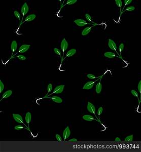 Microgreens. Sprouting seeds of a plant. Seamless pattern. Vitamin supplement, vegan food. Black background. Microgreens. Sprouting seeds of a plant. Seamless pattern.