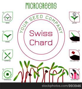 Microgreens Swiss Chard. Seed packaging design. Icons - indoor, organic, superfood, antioxidants, non gmo, soil free, fertilizer free, non polluted. Microgreens Swiss Chard. Seed packaging design, text, icons