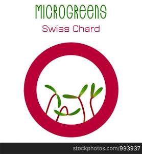 Microgreens Swiss Chard. Seed packaging design, round element in the center. Vitamin supplement, vegan food. Microgreens Swiss Chard. Seed packaging design, round element in the center