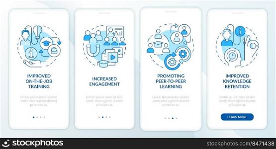 Microlearning benefits blue onboarding mobile app screen. Walkthrough 4 steps editable graphic instructions with linear concepts. UI, UX, GUI template. Myriad Pro-Bold, Regular fonts used. Microlearning benefits blue onboarding mobile app screen