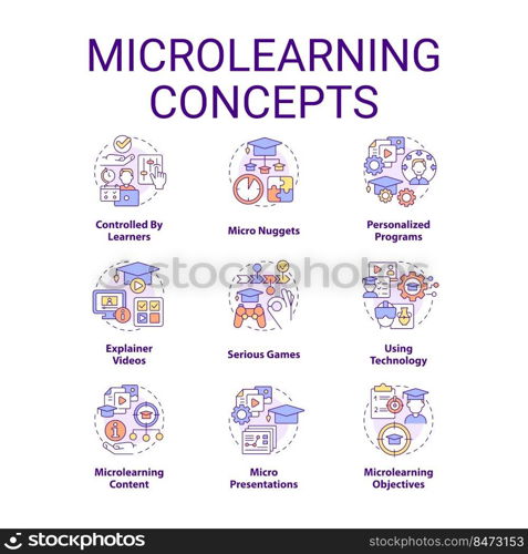 Microlearning concept icons set. Effective educational approach idea thin line color illustrations. Personalized programs. Isolated symbols. Editable stroke. Roboto-Medium, Myriad Pro-Bold fonts used. Microlearning concept icons set