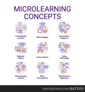 Microlearning concept icons set. Effective educational approach idea thin line color illustrations. Personalized programs. Isolated symbols. Editable stroke. Roboto-Medium, Myriad Pro-Bold fonts used. Microlearning concept icons set