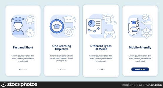 Microlearning features light blue onboarding mobile app screen. Walkthrough 4 steps editable graphic instructions with linear concepts. UI, UX, GUI template. Myriad Pro-Bold, Regular fonts used. Microlearning features light blue onboarding mobile app screen