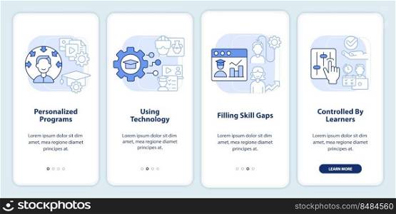 Microlearning methods light blue onboarding mobile app screen. Walkthrough 4 steps editable graphic instructions with linear concepts. UI, UX, GUI template. Myriad Pro-Bold, Regular fonts used. Microlearning methods light blue onboarding mobile app screen