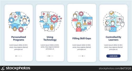 Microlearning practices onboarding mobile app screen. Using technology walkthrough 4 steps editable graphic instructions with linear concepts. UI, UX, GUI template. Myriad Pro-Bold, Regular fonts used. Microlearning practices onboarding mobile app screen