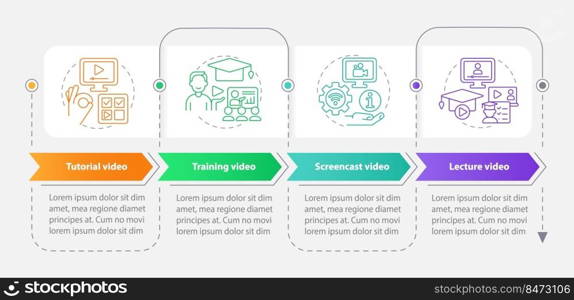 Microlearning video ex&les rectangle infographic template. Data visualization with 4 steps. Editable timeline info chart. Workflow layout with line icons. Myriad Pro-Bold, Regular fonts used. Microlearning video ex&les rectangle infographic template