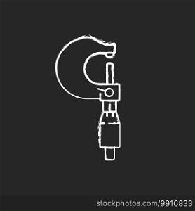 Micrometer chalk white icon on black background. Accurate measurements for engineering purposes. Measuring object length and dept. Mechanical engineering. Isolated vector chalkboard illustration. Micrometer chalk white icon on black background