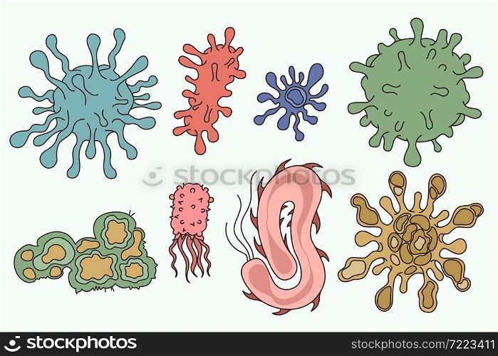 Microorganism and bacteria life concept. Set of colorful various shaped bacterias and microorganisms isolated over white background vector illustration . Microorganism and bacteria life concept.